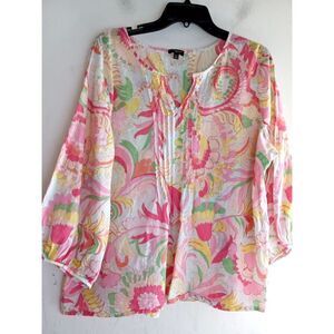 Talbots White Pink Green Floral V-Neck Pleated 100% Cotton Blouse size XLP